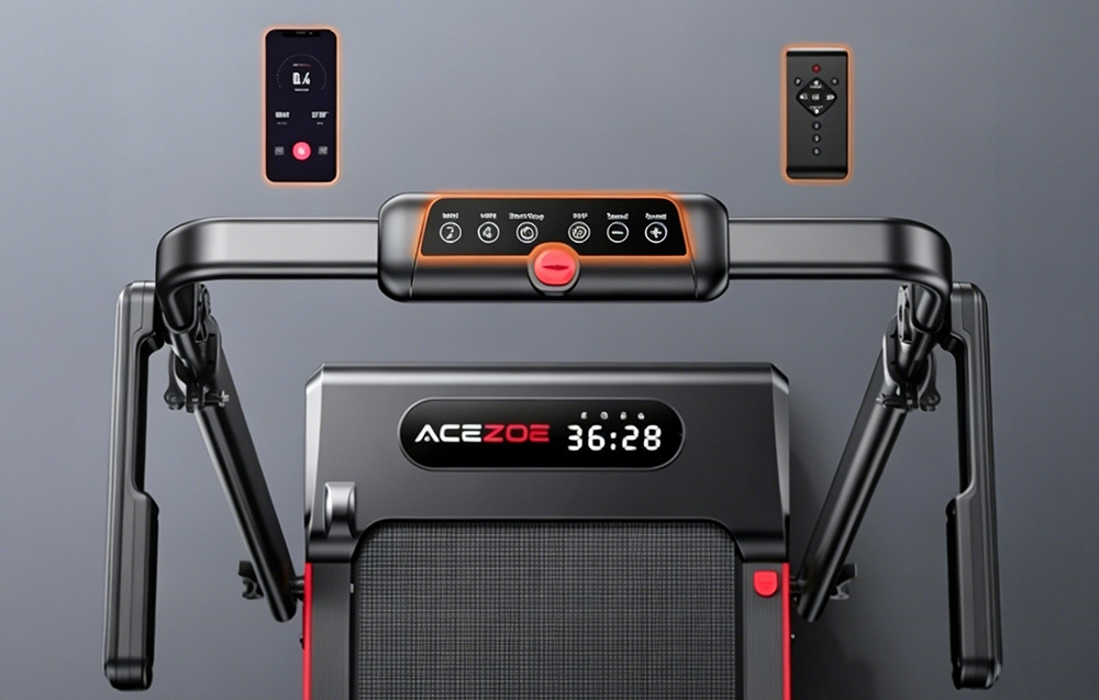 Μαύρος διάδρομος ACEZOE με ένα smartphone και τηλεχειριστήριο ορατά πάνω από αυτόν