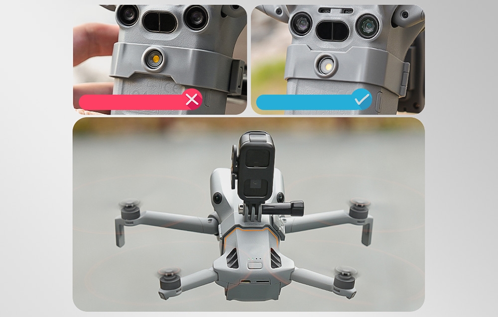 Ένα κολάζ από τρεις φωτογραφίες του drone με την κάμερα. Η επάνω φωτογραφία δείχνει εικονίδια με κόκκινο X και μπλε τικ δίπλα στους αισθητήρες