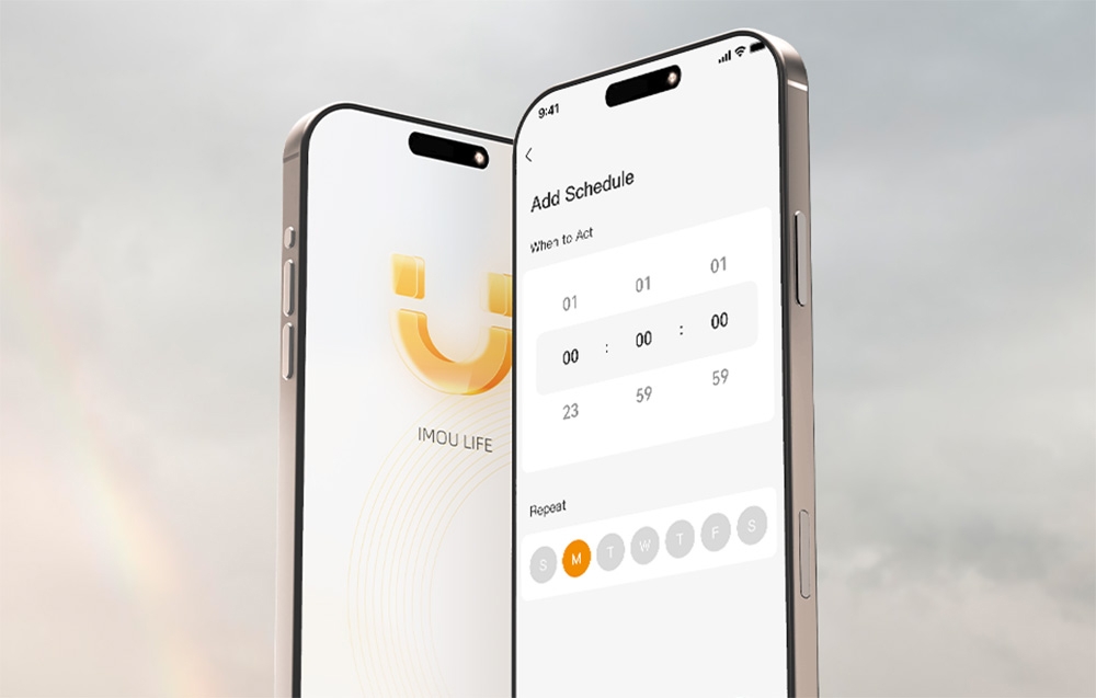 Δύο smartphone: το ένα με το λογότυπο Imou Life, το άλλο με το μενού «Προσθήκη προγραμματισμού» ανοιχτό, που δείχνει την ώρα και τις ημέρες της εβδομάδας