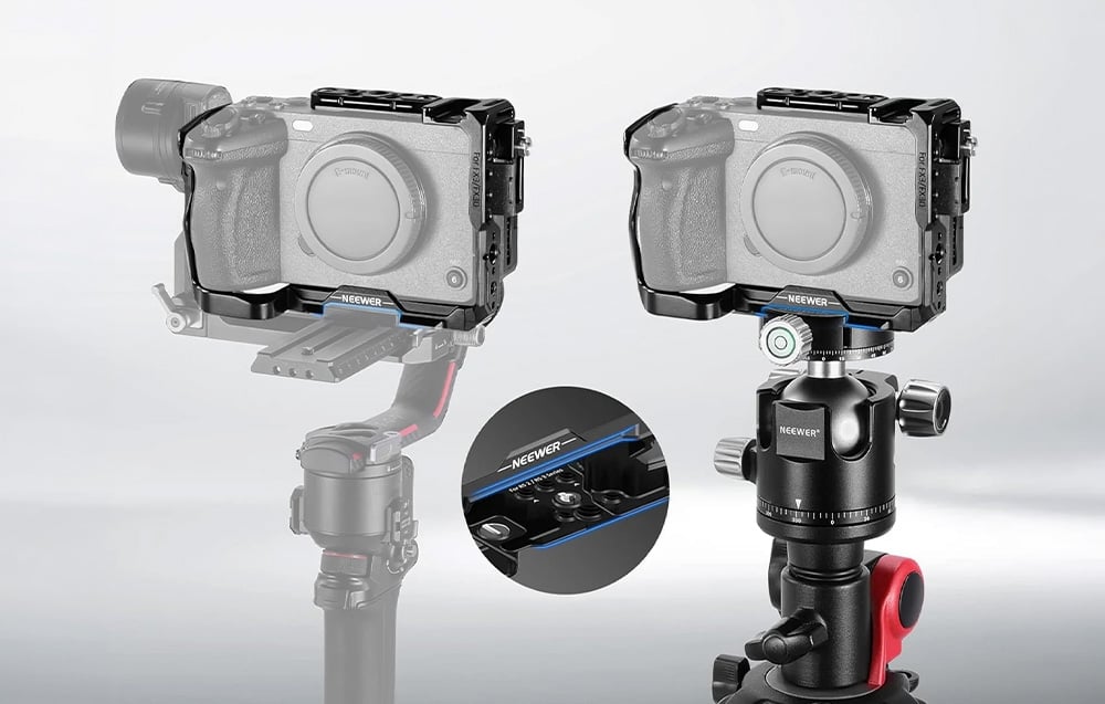 Το κλουβί Neewer σε κάμερα Sony FX3/FX30 τοποθετημένη σε gimbal και σφαιρική κεφαλή τρίποδα με ορατή τη βάση στήριξης.