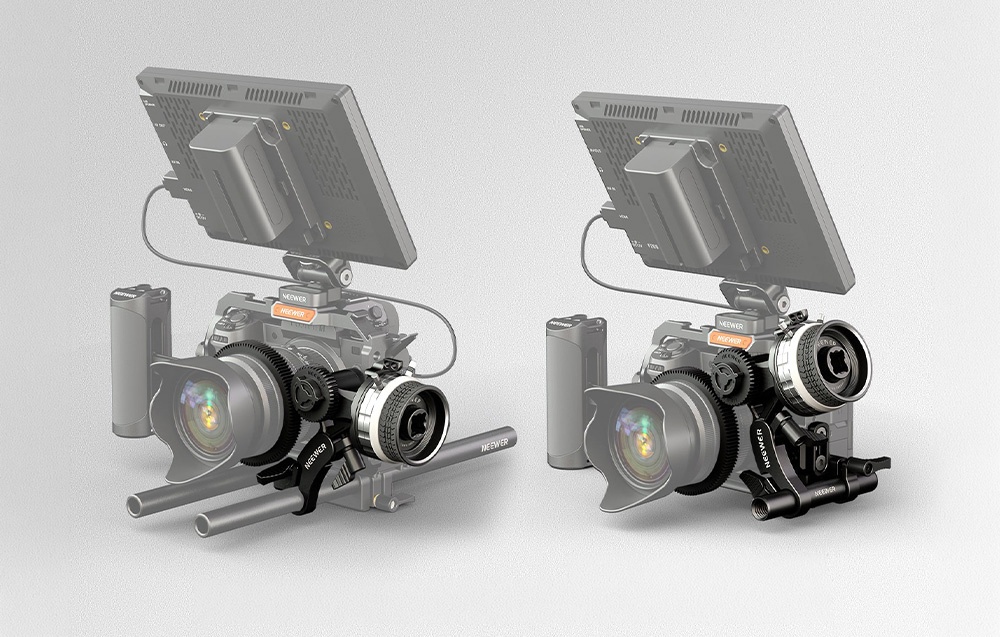Δύο διαμορφώσεις του κιτ Neewer follow focus για κινηματογράφηση, με οθόνη και κλουβί κάμερας, σε φωτεινό φόντο.