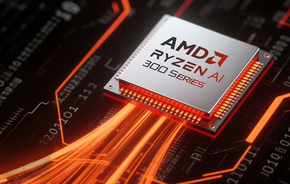 Ένας επεξεργαστής AMD RYZEN AI 300 SERIES σε μητρική πλακέτα με πορτοκαλί φωτισμό