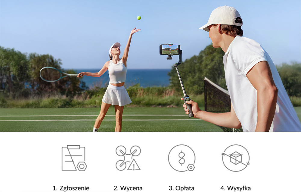Ένας άνδρας κρατά ένα gimbal με ένα smartphone και βιντεοσκοπεί μια γυναίκα που σερβίρει μια μπάλα τένις σε ένα γήπεδο δίπλα στη θάλασσα· στο κάτω μέρος της εικόνας, είναι ορατά τέσσερα εικονίδια με λεζάντες: 1. Αίτημα, 2. Προσφορά, 3. Πληρωμή, 4. Αποστολή