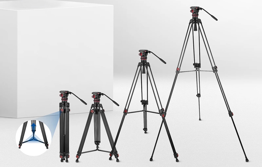 Τρίποδο βίντεο που εμφανίζεται σε τέσσερις διαμορφώσεις ύψους με απεικόνιση της τριγωνικής ενίσχυσης των ποδιών