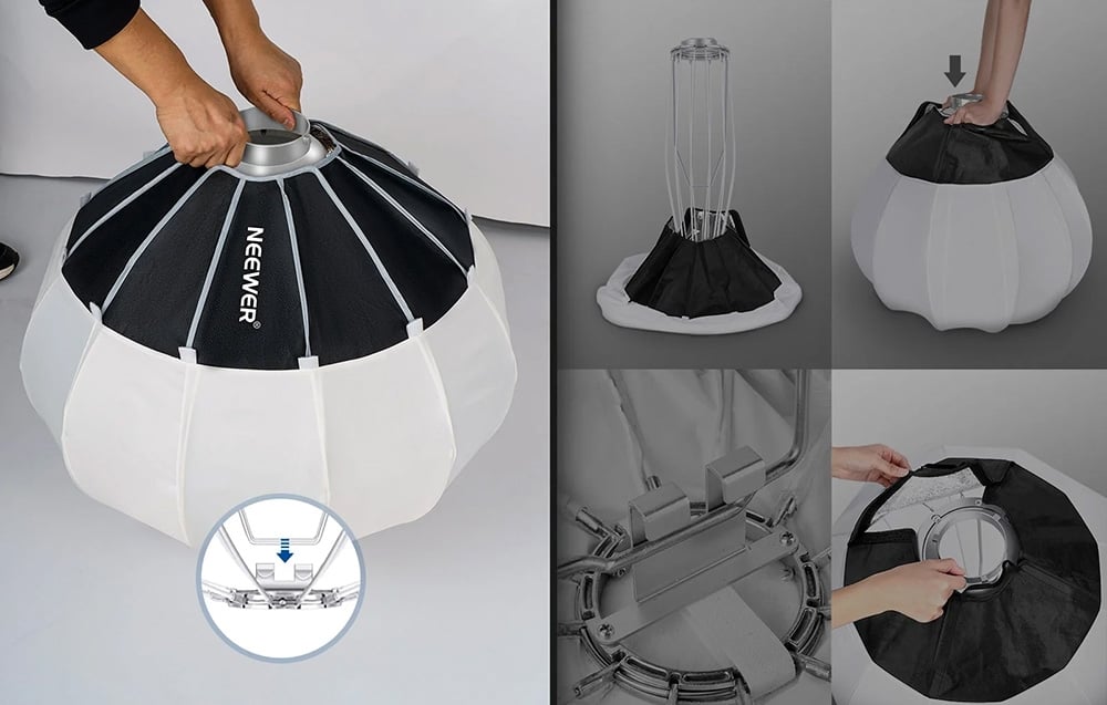 Οδηγίες συναρμολόγησης του softbox Neewer που δείχνουν τα βήματα για τη συναρμολόγηση του πλαισίου και την τοποθέτηση του υφάσματος.