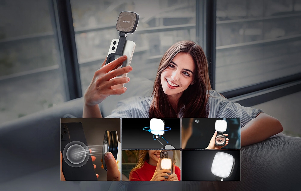Μια γυναίκα τραβάει μια selfie με το smartphone της, με μια μικρή, φωτεινή λάμπα προσαρτημένη στην κορυφή.