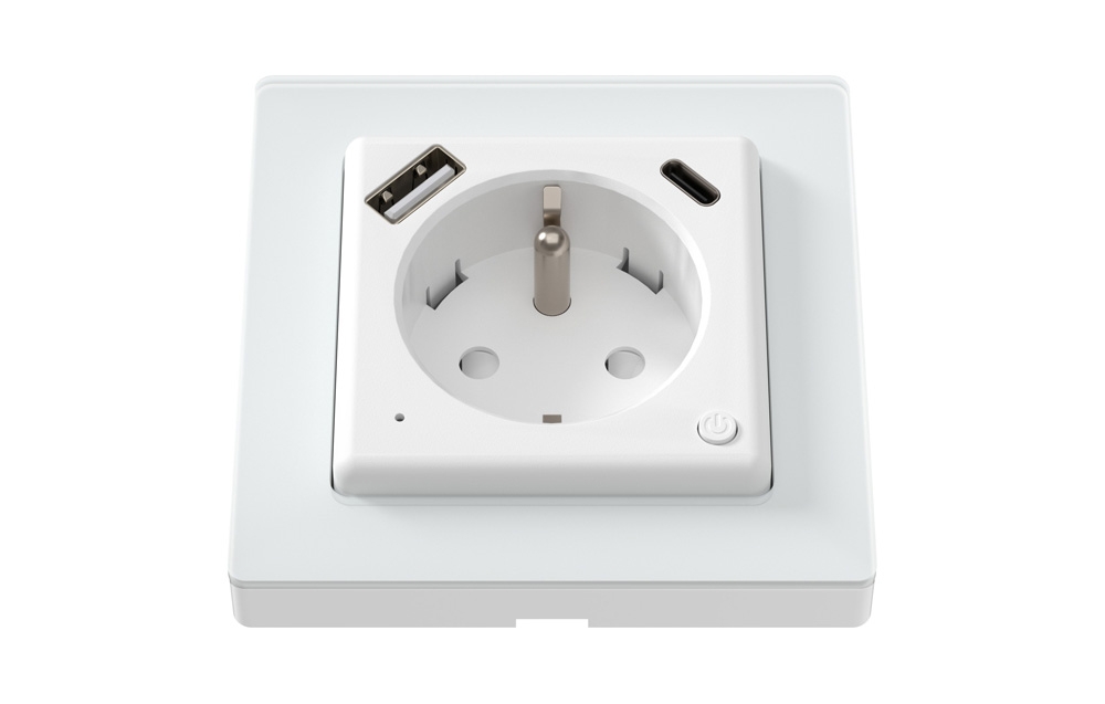Πρόσοψη της πρίζας με θύρες USB-A και USB-C.