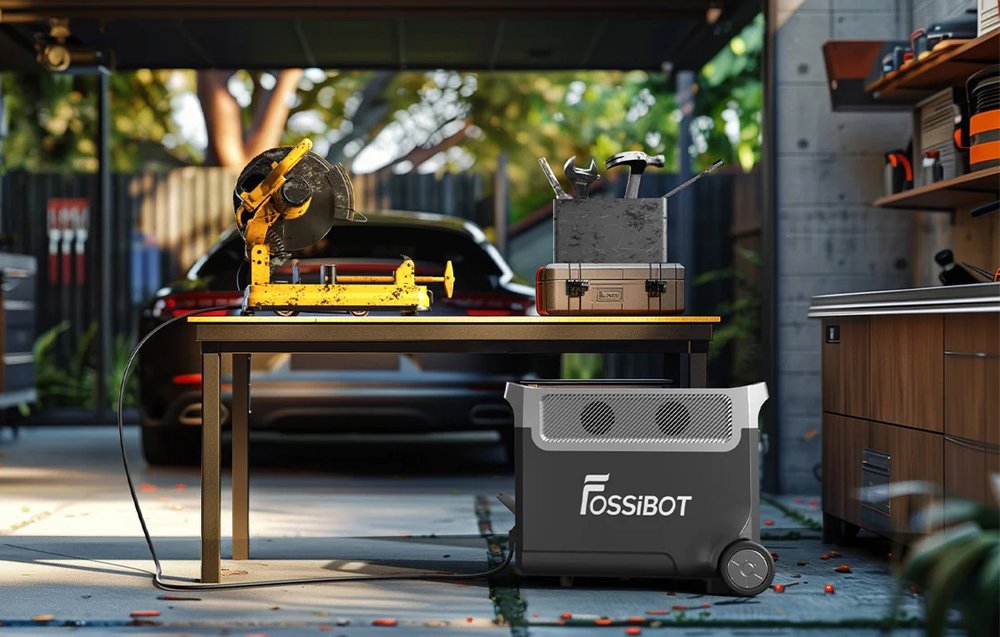 Ο φορητός σταθμός τροφοδοσίας Fossibot βρίσκεται κάτω από έναν πάγκο εργασίας και τροφοδοτεί ηλεκτρικά εργαλεία στο γκαράζ