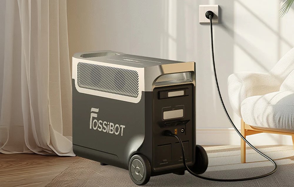 Ο φορητός σταθμός τροφοδοσίας Fossibot, συνδεδεμένος σε μια πρίζα, βρίσκεται σε ένα μοντέρνο σαλόνι