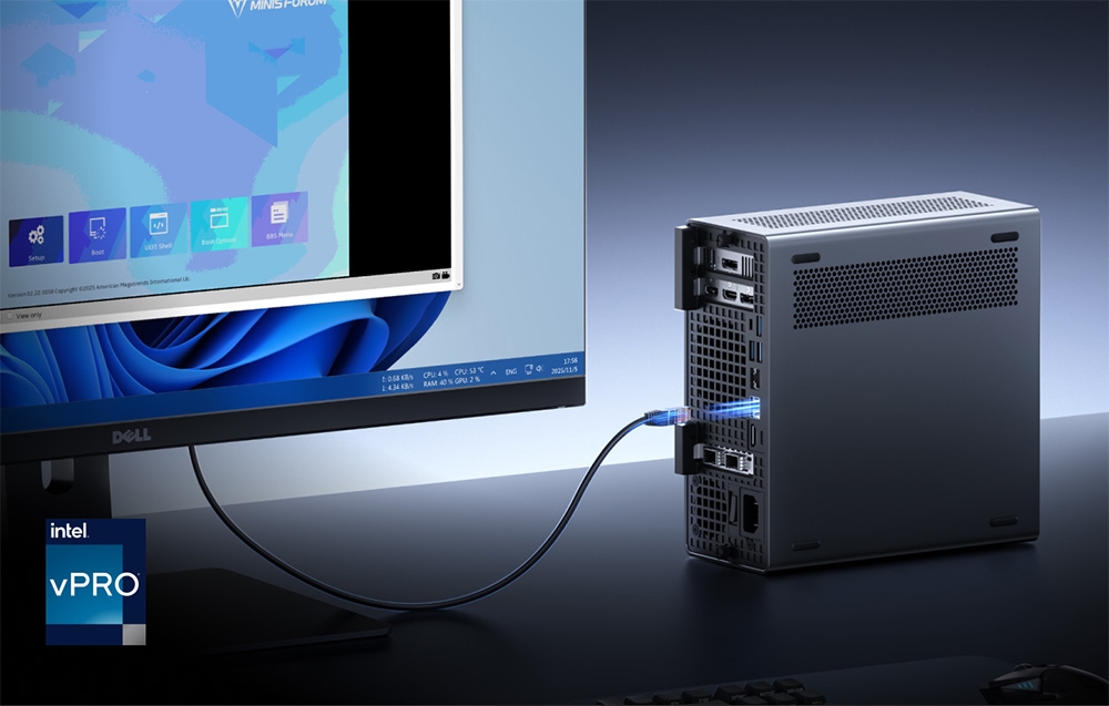 Ένας υπολογιστής Minisforum συνδεδεμένος σε οθόνη Dell που εμφανίζει το μενού του συστήματος· το λογότυπο Intel vPro είναι ορατό.