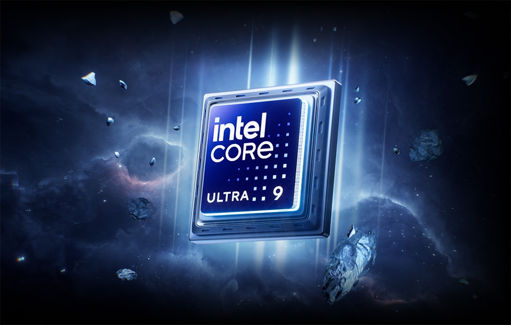 Επεξεργαστής Intel Core Ultra 9 που αιωρείται στο διάστημα ανάμεσα σε θραύσματα βράχων και νεφελώματα.