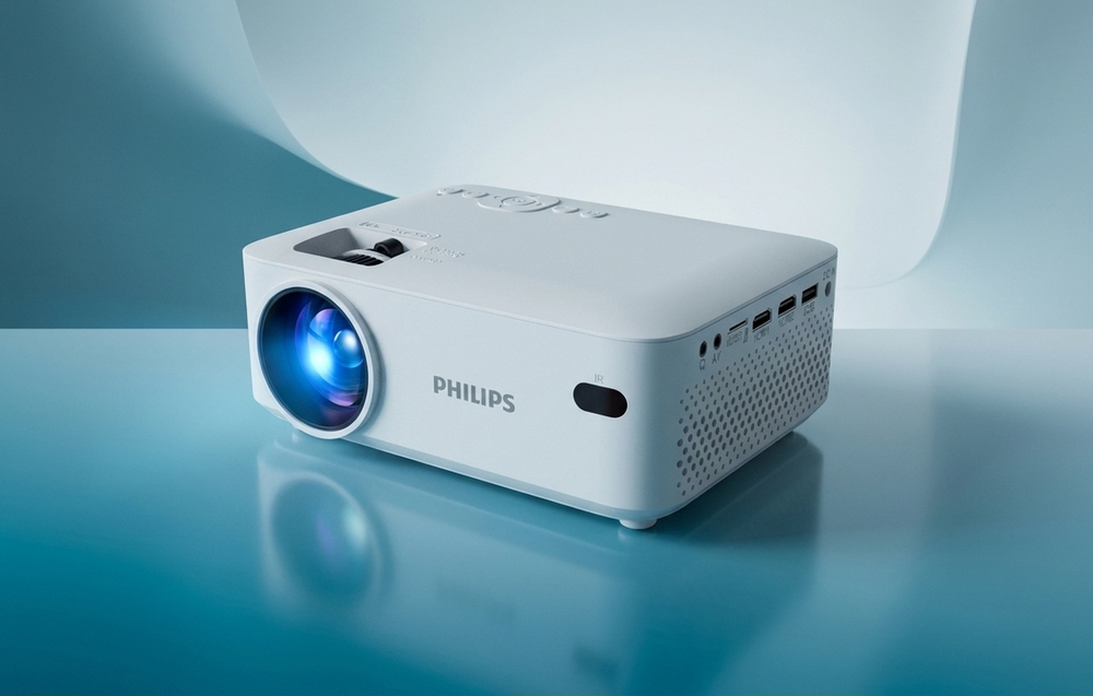 Ένας λευκός προβολέας PHILIPS με ανοιχτό φακό σε μπλε φόντο