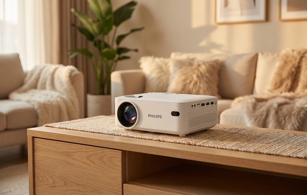 Ένας λευκός προβολέας με το λογότυπο της PHILIPS βρίσκεται πάνω σε μια ξύλινη συρταριέρα σε ένα φωτεινό σαλόνι