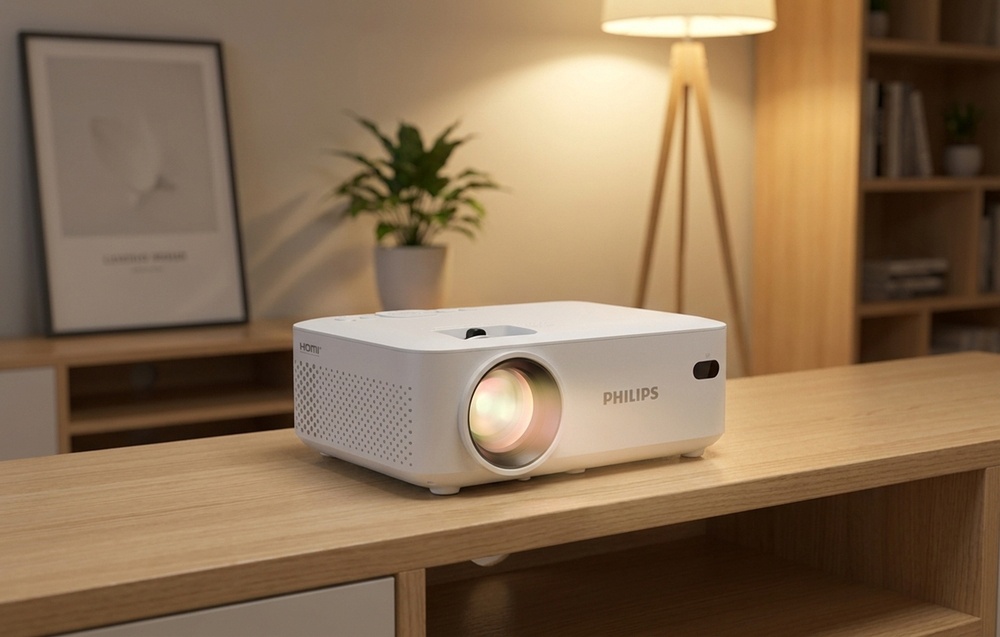 Ένας προβολέας PHILIPS με την ένδειξη «HDMI» γραμμένη στο πλάι βρίσκεται πάνω σε μια ανοιχτόχρωμη συρταριέρα σε ένα άνετο δωμάτιο με μια λάμπα και μια βιβλιοθήκη