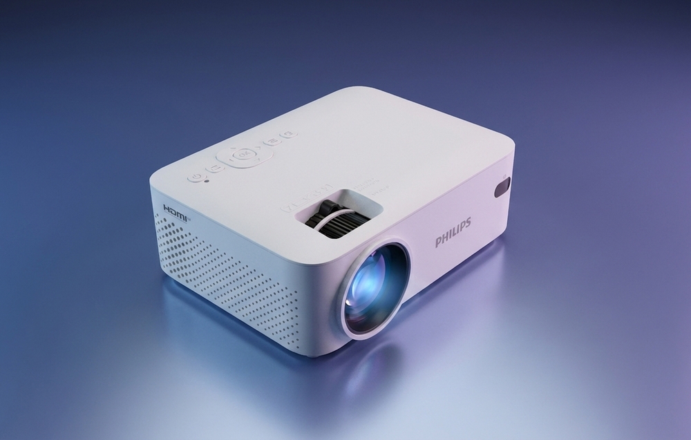 Ένας προβολέας PHILIPS από ψηλά, με ορατά κουμπιά ελέγχου και τη λέξη «HDMI» στο πλάι