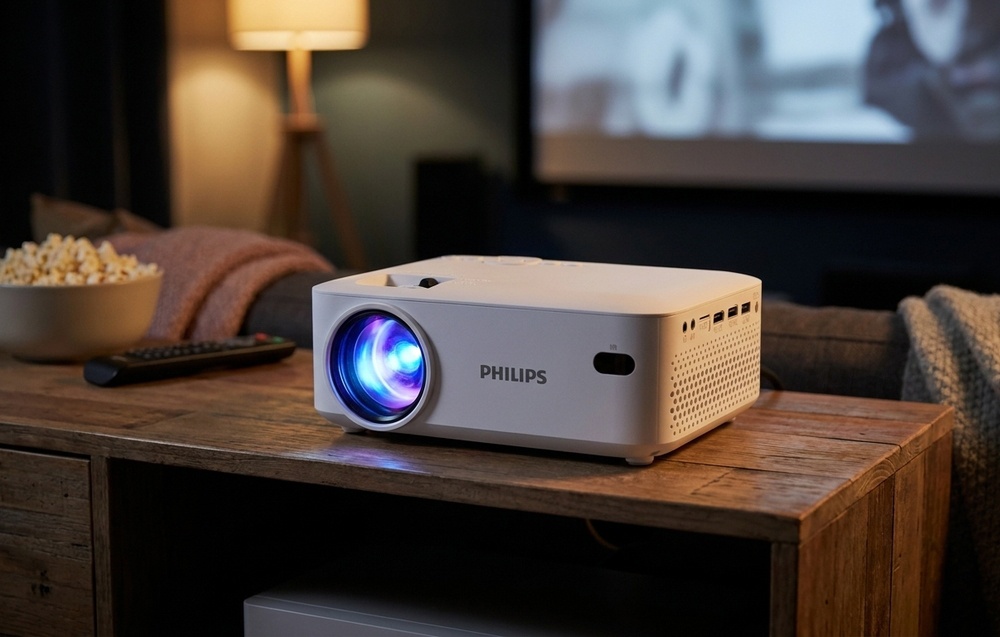 Ένας ενεργοποιημένος προβολέας PHILIPS βρίσκεται πάνω σε ένα ξύλινο τραπέζι δίπλα σε ένα τηλεχειριστήριο και ένα μπολ με ποπ κορν σε ένα σκοτεινό δωμάτιο