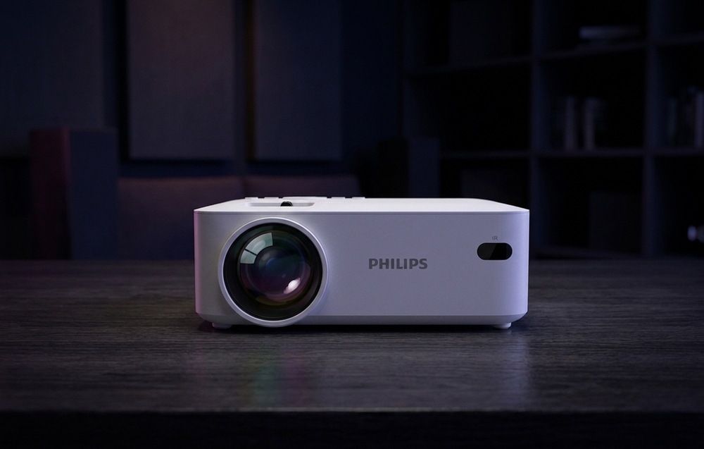 Ένας λευκός προβολέας PHILIPS τοποθετημένος με την πρόσοψη προς τα εμπρός πάνω σε ένα σκούρο ξύλινο τραπέζι σε ένα αμυδρά φωτισμένο δωμάτιο