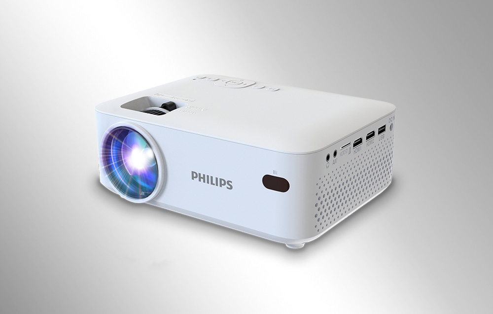 Ένας προβολέας PHILIPS σε ανοιχτόχρωμο φόντο με ορατές θύρες: AV, Micro SD, HDMI 1, HDMI 2, USB και DC IN