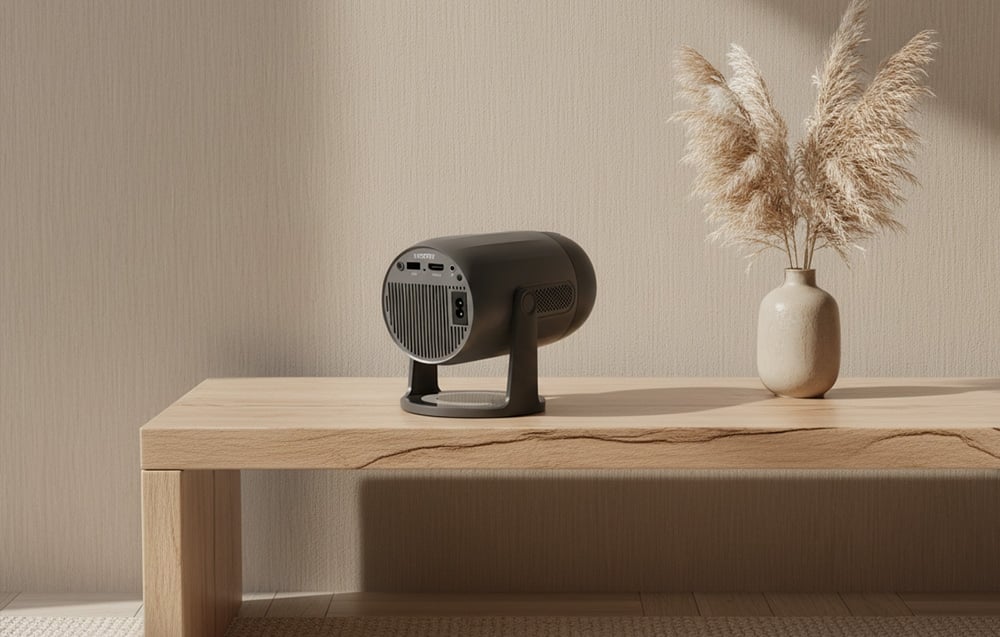 Πίσω όψη ενός μαύρου προβολέα PHILIPS που βρίσκεται πάνω σε ένα ξύλινο παγκάκι δίπλα σε ένα βάζο με χόρτα