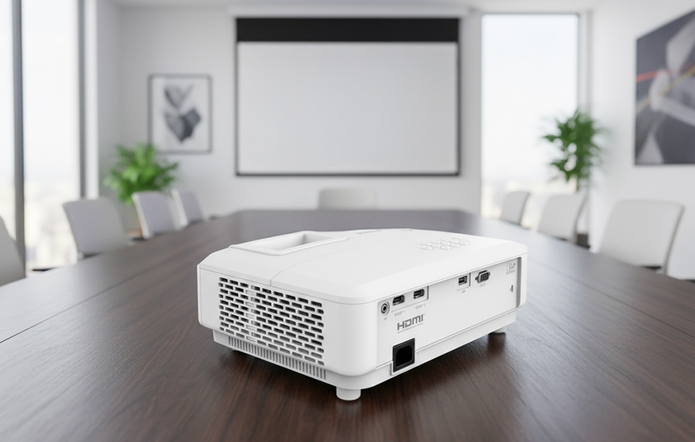 Ένας λευκός προβολέας με ορατή ένδειξη HDMI βρίσκεται πάνω σε ένα ξύλινο τραπέζι σε ένα φωτεινό γραφείο με θέα στην πόλη από το παράθυρο