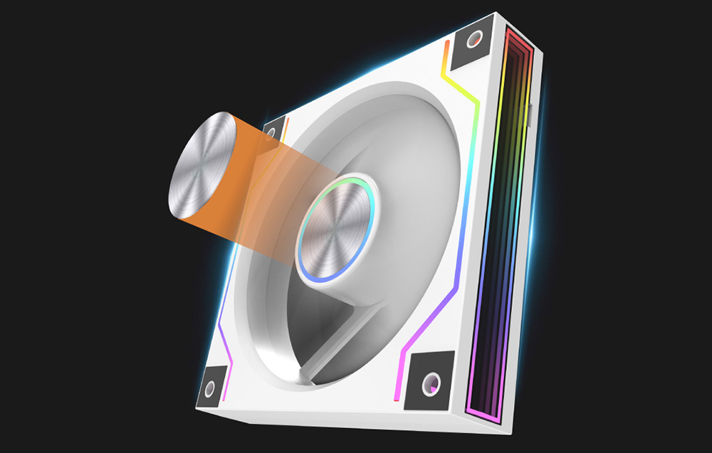 Λευκός ανεμιστήρας υπολογιστή RGB με κοντινό πλάνο του κεντρικού στοιχείου από αλουμίνιο