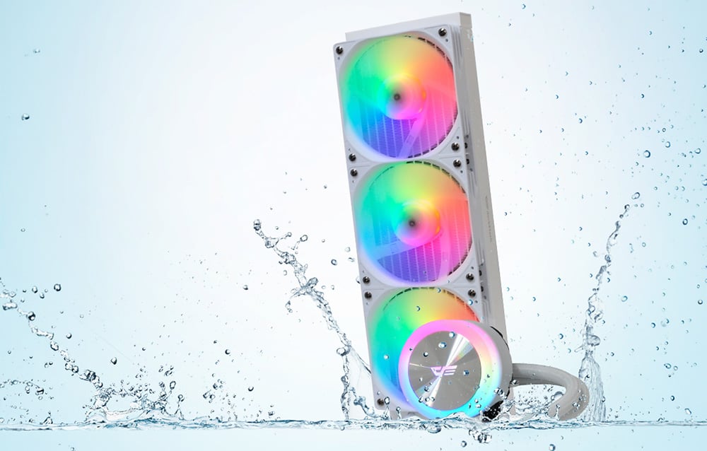 Λευκό σύστημα υδρόψυξης AIO για την CPU με τριπλό ανεμιστήρα και μπλοκ αντλίας RGB που περιβάλλεται από πιτσιλιές νερού