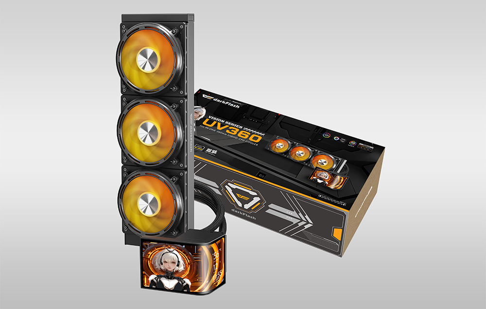 Σύστημα υδρόψυξης darkFlash UV360 με πορτοκαλί οπίσθιο φωτισμό ARGB δίπλα στη συσκευασία του εργοστασίου