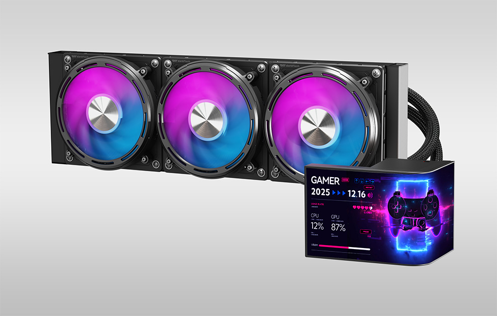 Υδρόψυξη AIO με τριπλούς RGB ανεμιστήρες και δεξαμενή αντλίας-αποθήκης με καμπύλη οθόνη που εμφανίζει παραμέτρους