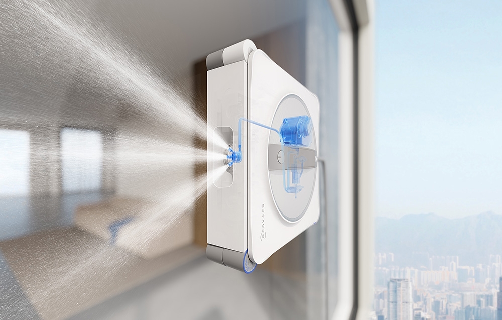 Ρομπότ ECOVACS που καθαρίζει ένα παράθυρο σε ένα ψηλό κτίριο