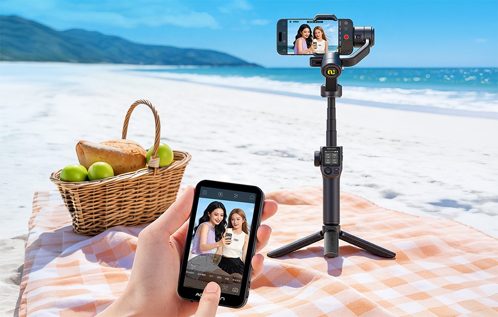 Gimbal Aochuan σε τρίποδο στην παραλία, τηλεχειριζόμενο μέσω μονάδας με οθόνη προεπισκόπησης