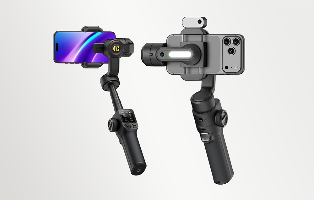 Δύο gimbals Aochuan με smartphone και φωτιστικό τοποθετημένα, μπροστινή και πίσω όψη