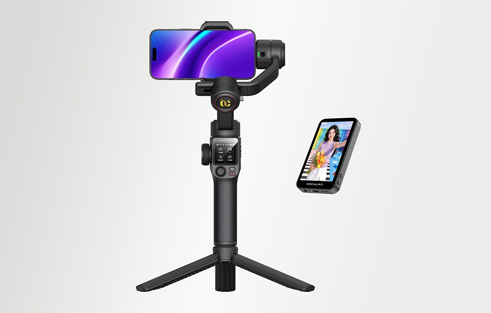Gimbal Aochuan τοποθετημένο σε τρίποδο δίπλα σε ασύρματη μονάδα με έγχρωμη οθόνη