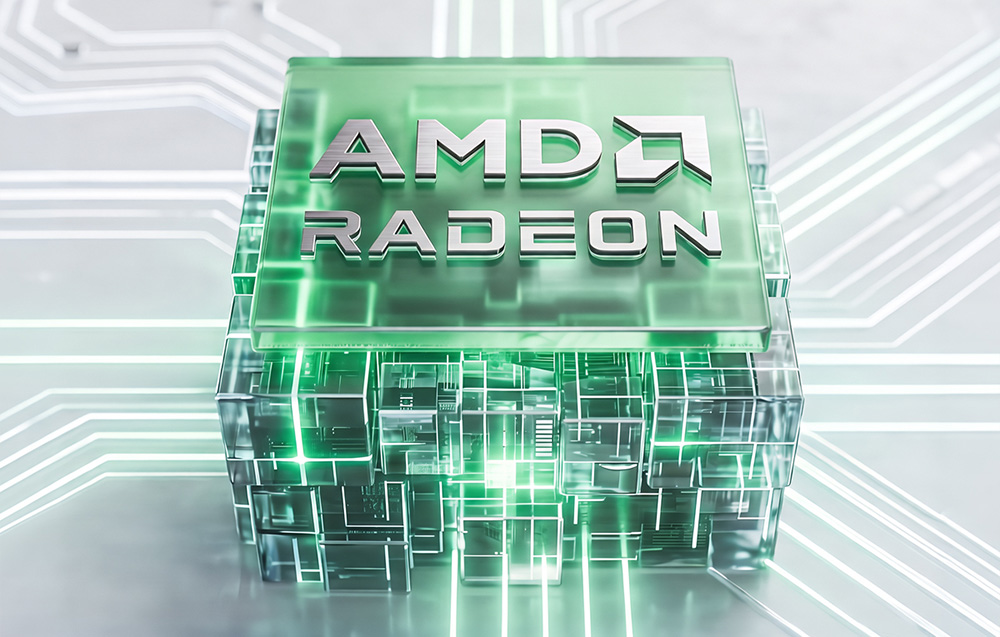 Εικόνα με το λογότυπο AMD Radeon σε φουτουριστικό φόντο που μοιάζει με ηλεκτρονικό κύκλωμα.