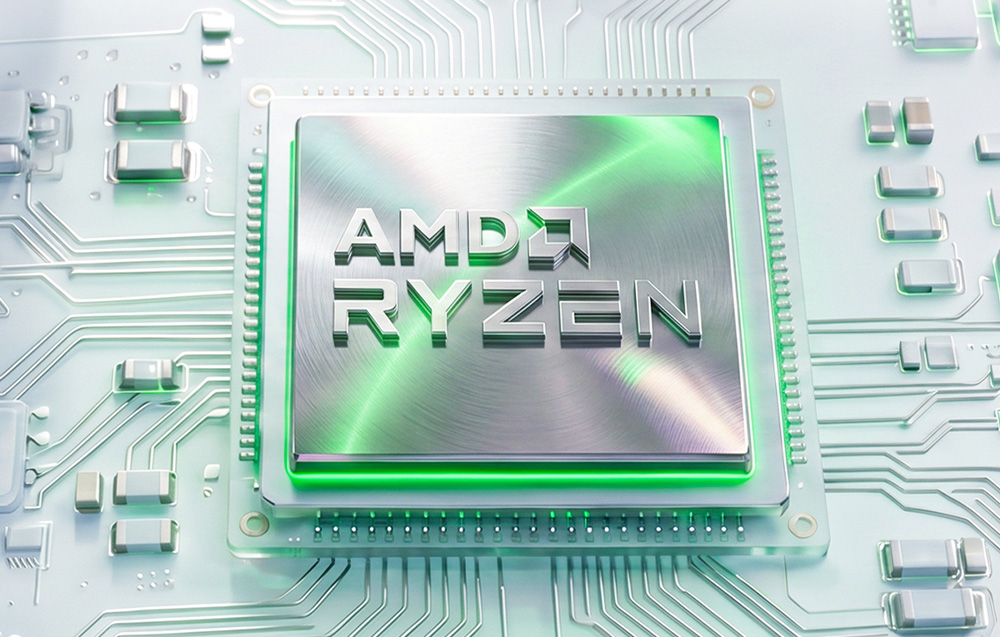 Γραφικό με το λογότυπο AMD Ryzen απεικονισμένο σε μια στυλιζαρισμένη διάταξη επεξεργαστή.