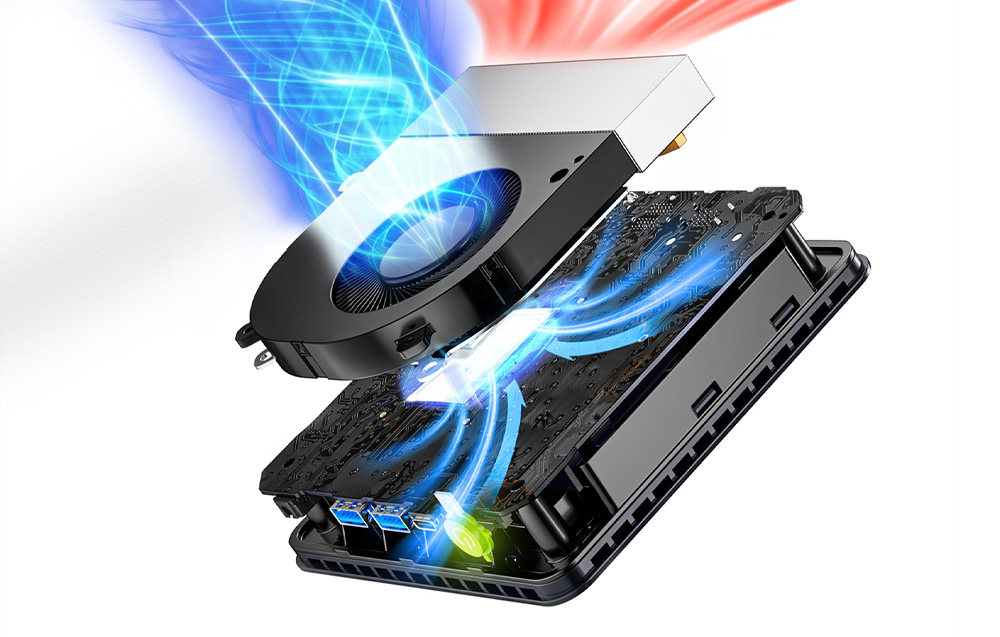 Απεικόνιση του εσωτερικού του GMKtec G11 Mini PC, που δείχνει τον ανεμιστήρα και τα εξαρτήματα του συστήματος ψύξης.