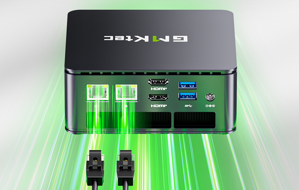 Πίσω πάνελ του GMKtec G11 Mini PC με θύρες και δύο καλώδια Ethernet συνδεδεμένα.