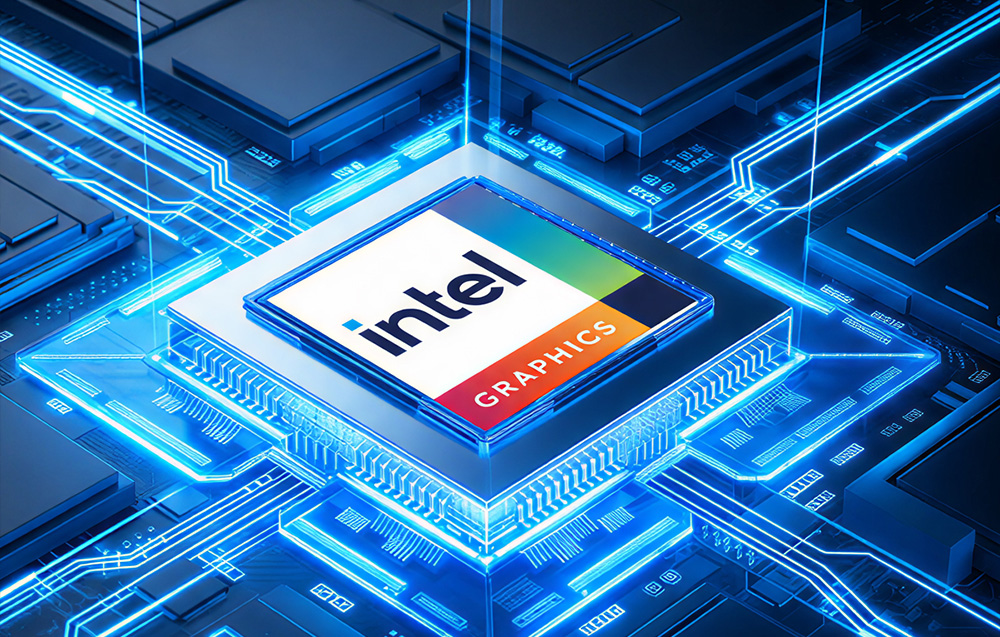 Μια εικόνα που δείχνει το τσιπ γραφικών Intel σε μια μητρική πλακέτα με μπλε οπίσθιο φωτισμό.