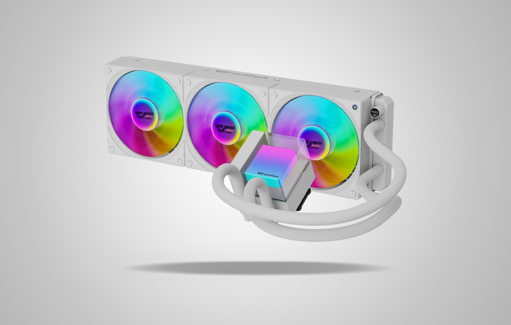 Λευκό σύστημα υδρόψυξης DarkFlash AIO 360 mm με τρεις ανεμιστήρες ARGB, αντλία και σωλήνες σε γκρι φόντο