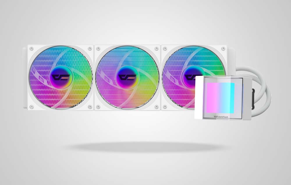 Λευκό σύστημα υδρόψυξης Darkflash 360mm AIO με τρεις ανεμιστήρες ARGB, μια αντλία και σωλήνες σε γκρι φόντο