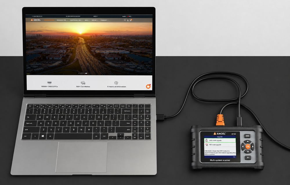Ο διαγνωστικός σαρωτής ANCEL MT300 συνδεδεμένος μέσω καλωδίου USB με έναν ανοιχτό φορητό υπολογιστή πάνω σε ένα μαύρο γραφείο