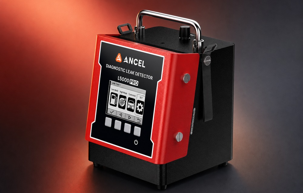 Ψηφιακός ανιχνευτής διαρροών Ancel L5000 Pro σε κόκκινο και μαύρο περίβλημα, φωτογραφημένος υπό γωνία με φόντο σκούρο