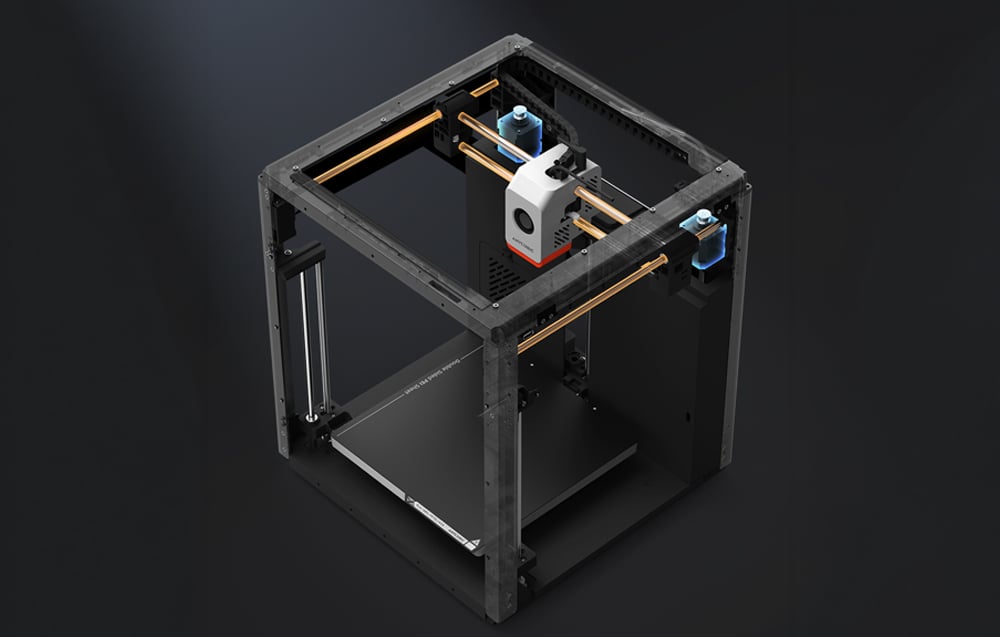 Διάγραμμα της δομής του εκτυπωτή 3D με τις ράγες οδήγησης της κεφαλής εκτύπωσης και τους άξονες κίνησης επισημασμένους