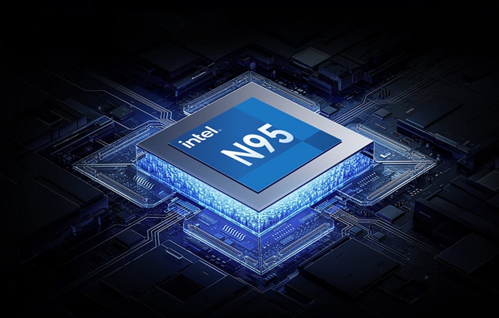 Γραφική απεικόνιση του επεξεργαστή Intel N95 τοποθετημένου σε μητρική πλακέτα με οπίσθιο φωτισμό