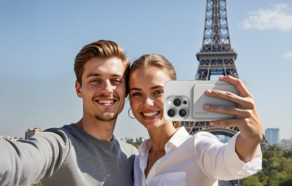 Ένα ζευγάρι τραβάει μια selfie μπροστά από τον Πύργο του Άιφελ χρησιμοποιώντας ένα smartphone με τη μαγνητική εξωτερική μπαταρία FlexTail.