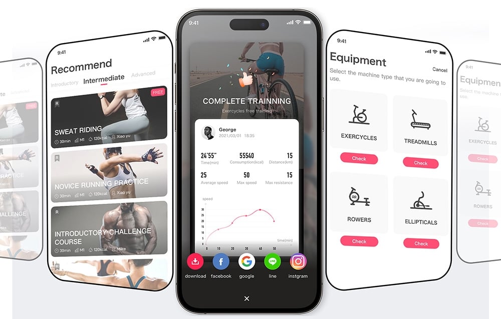 Ένα smartphone με ανοιχτή την εφαρμογή προπόνησης Merach, με φόντο άλλες οθόνες διεπαφών γυμναστικής