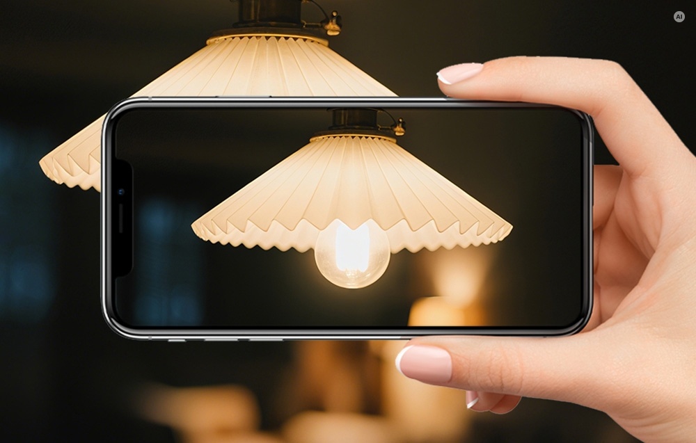 Ένα smartphone που κρατιέται στο χέρι, με την οθόνη να δείχνει μια αναμμένη λάμπα με κρεμαστό, φωτεινό καπέλο.