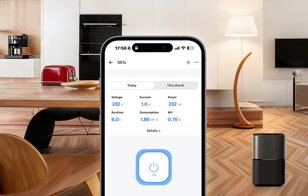 Ένα smartphone που εμφανίζει δεδομένα κατανάλωσης ενέργειας, με μια μοντέρνα κουζίνα στο φόντο