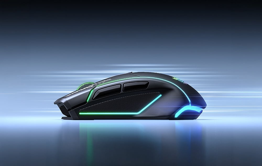 Πλάγια όψη του ασύρματου ποντικιού gaming Onikuma DM06 με ενεργοποιημένες τις πλευρικές λωρίδες φωτισμού RGB, πάνω σε μπλε-μοβ φόντο