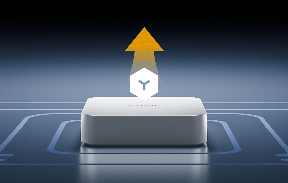 Ένα λευκό Yeelight Gateway πάνω σε σκούρο φόντο, με ένα λευκό εικονίδιο και ένα κίτρινο βέλος που δείχνει προς τα πάνω