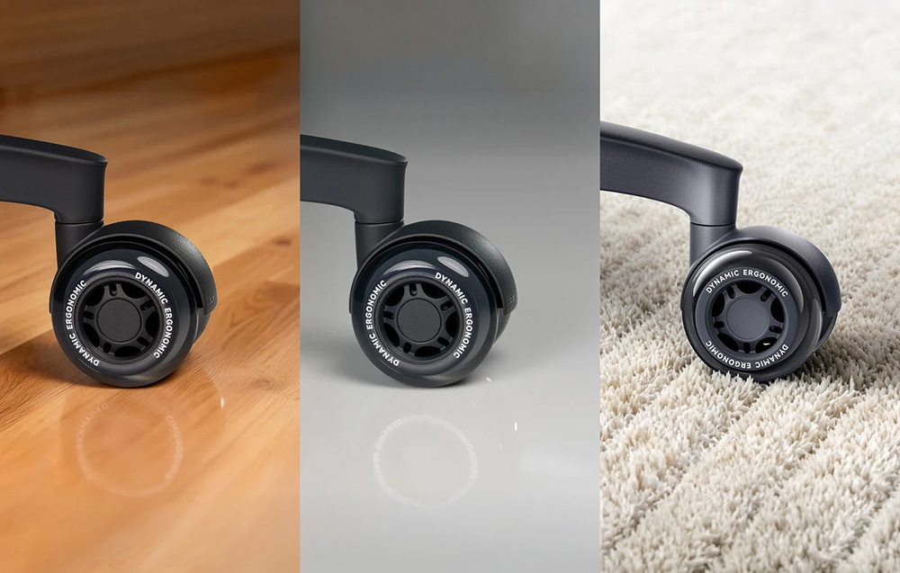 Ένας τροχός καρέκλας με την επιγραφή «Dynamic Ergonomic» που εμφανίζεται σε τρεις επιφάνειες: ένα ξύλινο πάνελ, ένα ανοιχτόχρωμο πλακάκι και ένα χαλί